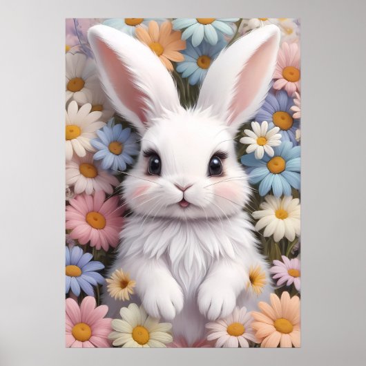 Schattigee witte konijnenpastel Daisy Flowers Poster (Voorkant)