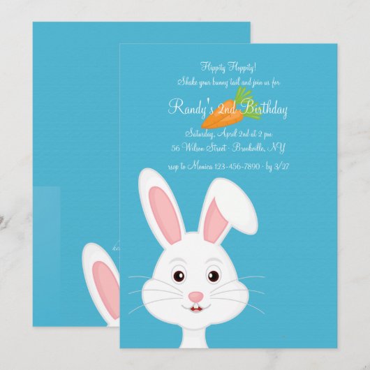 Schattigee witte konijnenuitnodiging kaart (Voorkant / Achterkant)