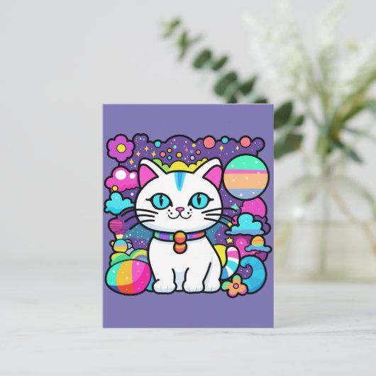 Schattigee witte kosmische ruimte kitty cat briefkaart (Staand voorkant)
