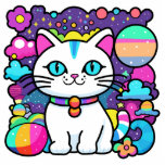 Schattigee witte kosmische ruimte kitty cat fotobeeldje magneet<br><div class="desc">Schattige, schattige, grillige, witte cartoon kitty met grote blauwe ogen, roze oren en het dragen van een felle kleurrijke kraag. Ze heeft een schattige blauwe, roze en witte gestreepte staart en een blauwe streep op haar hoofd. De achtergrond is meestal paars met planeten, wolken, sterren en bloemen in een mix...</div>
