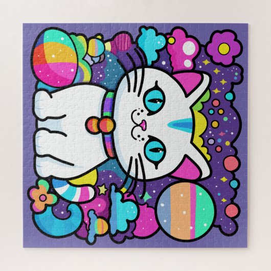 Schattigee witte kosmische ruimte kitty cat legpuzzel (Horizontaal)