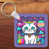 Schattigee witte kosmische ruimte kitty cat sleutelhanger (Voorkant)
