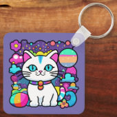 Schattigee witte kosmische ruimte kitty cat sleutelhanger (Achterkant)
