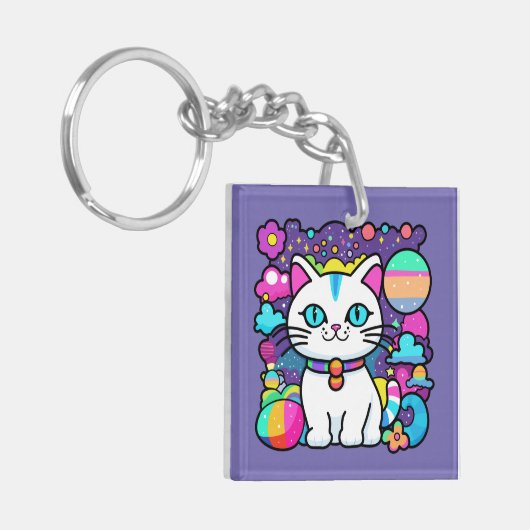 Schattigee witte kosmische ruimte kitty cat sleutelhanger (Voorkant Links)