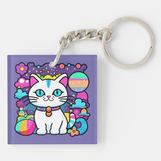 Schattigee witte kosmische ruimte kitty cat sleutelhanger (Achterkant)