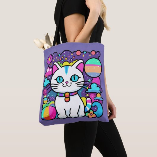 Schattigee witte kosmische ruimte kitty cat tote bag (Dichtbij)