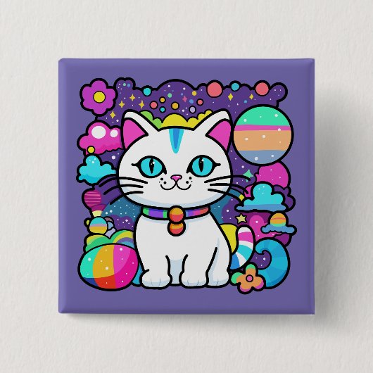 Schattigee witte kosmische ruimte kitty cat vierkante button 5,1 cm (Voorkant)