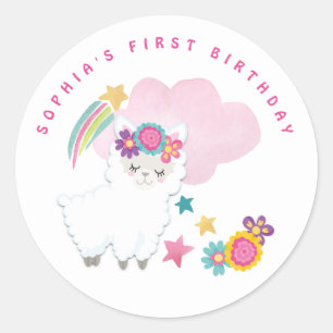 Schattigee witte lama naam eerste verjaardagsfeest ronde sticker
