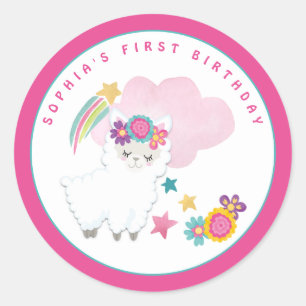 Schattigee witte lama naam eerste verjaardagsfeest ronde sticker