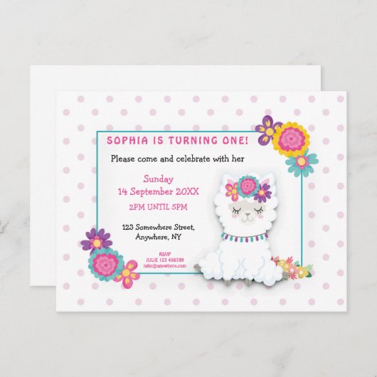 Schattigee Witte Llama Stippen Eerste Verjaardagsu Briefkaart (Voorkant / Achterkant)