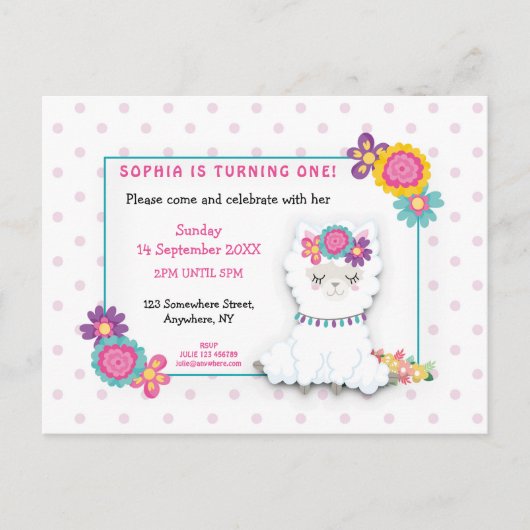 Schattigee Witte Llama Stippen Eerste Verjaardagsu Briefkaart (Voorkant)