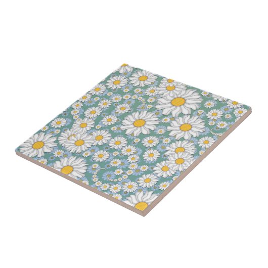 Schattigee witte madeliefjes op stoffige Blauwgroe Tegeltje (Zijkant)