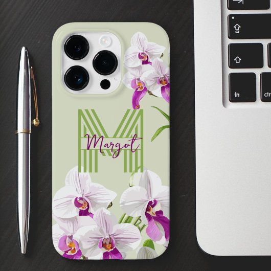 Schattigee witte orchideeën monogram Case-Mate iPhone case