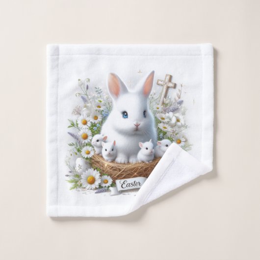 Schattigee witte paaskonijntjes, madeliefjes en kr bad handdoek (Wasdoekje)