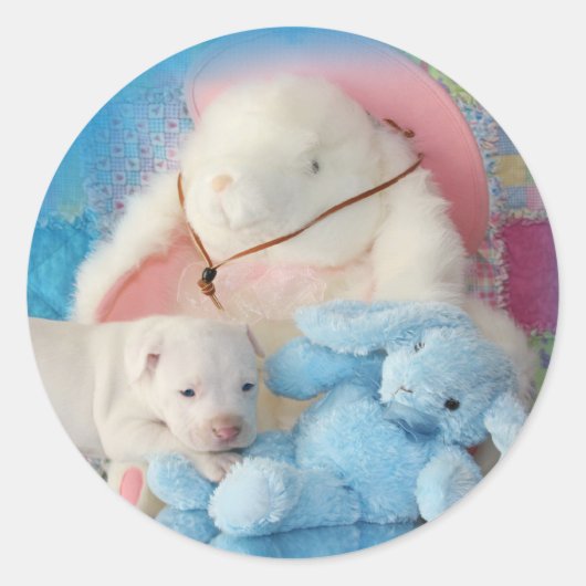 Schattigee Witte Pasen Puppy Dog & Bunny Vrienden Ronde Sticker (Voorkant)