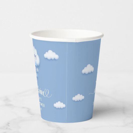 Schattigee witte pluizige lachende wolk negen blau papieren bekers (Rechts)