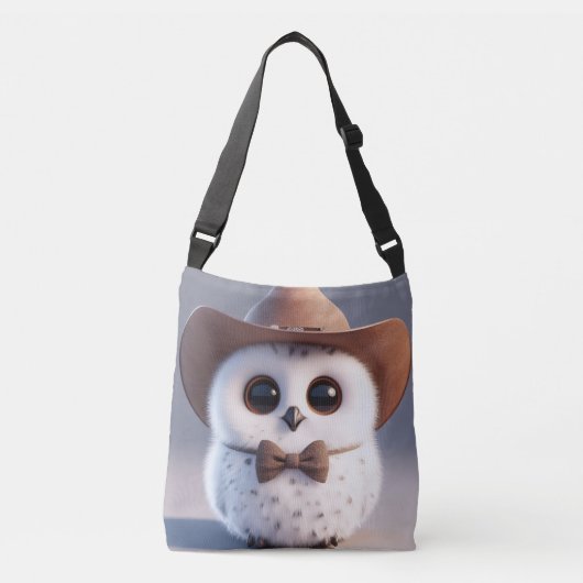 Schattigee witte pluizige uil met een cowboy pet crossbody tas (Voorkant)