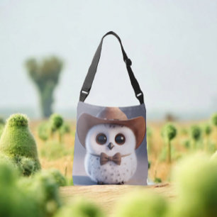 Schattigee witte pluizige uil met een cowboy pet crossbody tas