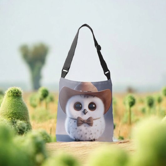 Schattigee witte pluizige uil met een cowboy pet crossbody tas