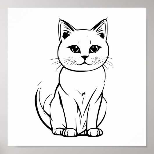 Schattigee Witte Poesje Cat Line Art Tekening Poster (Voorkant)