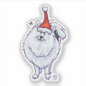 Schattigee witte Pomeranianin a Santa Hat Sticker (Voorkant)
