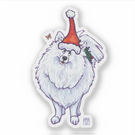 Schattigee witte Pomeranianin a Santa Hat Sticker (Voorkant)