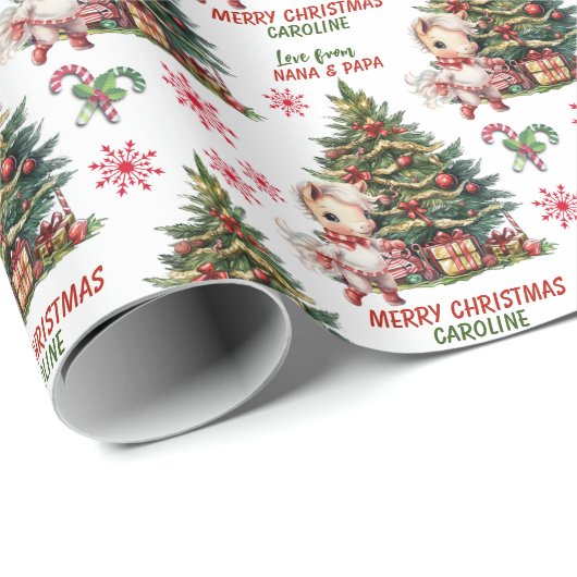 Schattigee witte Pony Kinder kerst Cadeaupapier (Rol Hoek)