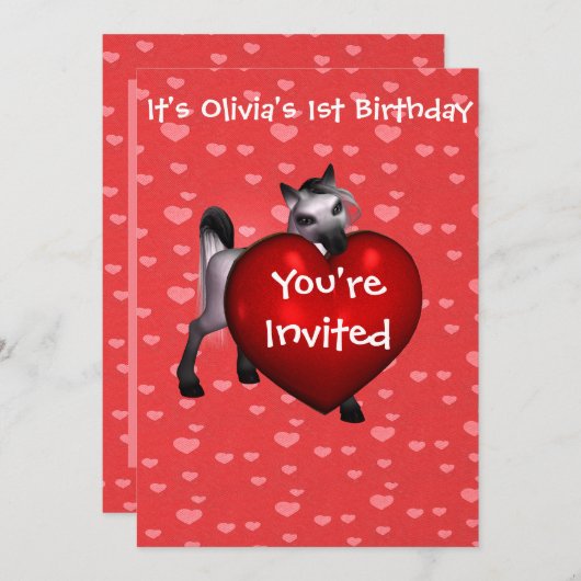 Schattigee Witte Pony met Rode Hartuitnodiging Kaart (Voorkant / Achterkant)