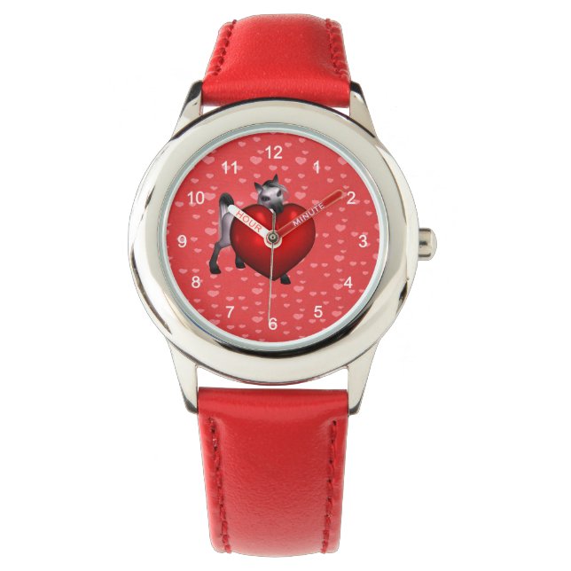 Schattigee witte Pony met rood hart Horloge (Voorkant)