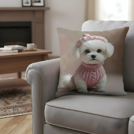 Schattigee witte puppy in roze trui en Pet Kussen