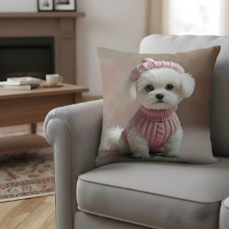 Schattigee witte puppy in roze trui en Pet Kussen