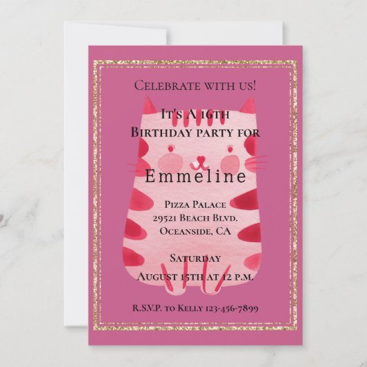 Schattigee Witte Roze Kat Gouden Glitter 16e Verja Kaart (Voorkant)