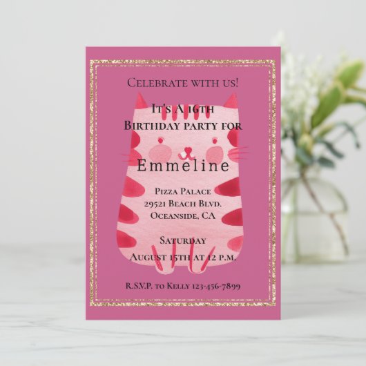 Schattigee Witte Roze Kat Gouden Glitter 16e Verja Kaart (Staand voorkant)