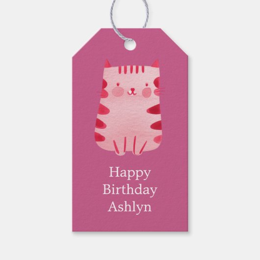 Schattigee Witte Roze Kat Verjaardag Gepersonalise Cadeaulabel (Voorkant)