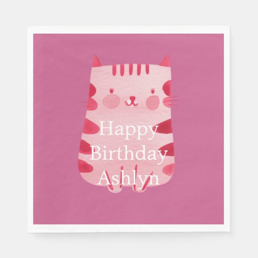 Schattigee Witte Roze Kat Verjaardag Gepersonalise Servet (Voorkant)