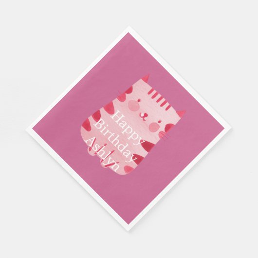Schattigee Witte Roze Kat Verjaardag Gepersonalise Servet (Hoek)