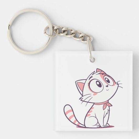 Schattigee Witte & Roze Kitten Cartoon – Kinder Ac Sleutelhanger (Voorkant)