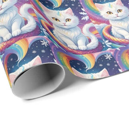 Schattigee Witte Sneeuw Kerstkat Cadeaupapier (Rol Hoek)