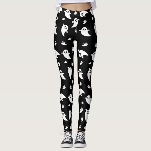 Schattigee Witte Spookvormen Patroon Zwart Hallowe Leggings (Voorkant)