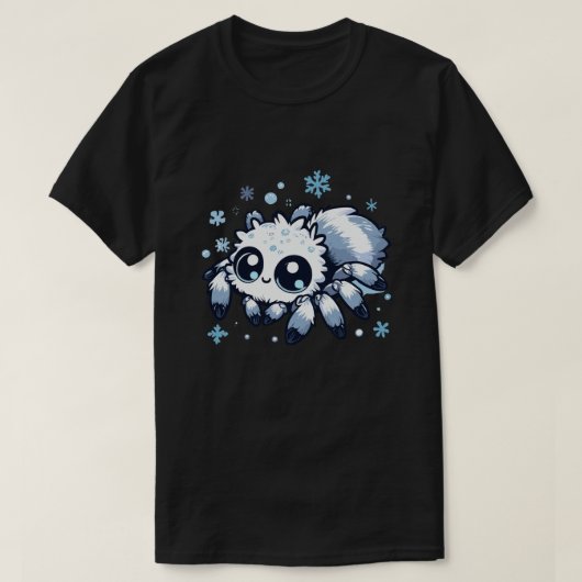Schattigee witte springspin in sneeuwvlokken t-shirt (Design voorkant)