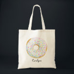 Schattigee Witte Waterverf Donut met Sprinkles Cus Tote Bag<br><div class="desc">Schattigee Witte Waterverf Donut met Sprinkles Custom Canvas tas |  canvas tas met waterverf witte donut met kleurrijke sproeiers. Deze leuke donut canvas tas zal perfect zijn als een persoonlijk geschenk. Personaliseer door een naam of korte zin toe te voegen. Andere donut kleuren zijn beschikbaar.</div>