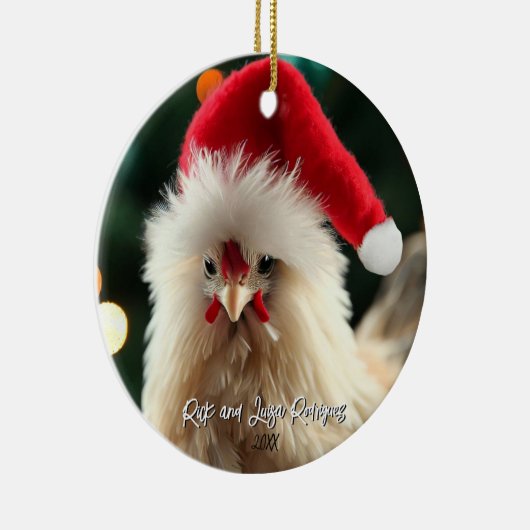 Schattigee Witte Zijdekip in Santa Hat Kerst Keramisch Ornament (Rechts)