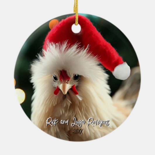 Schattigee Witte Zijdekip in Santa Hat Kerst Keramisch Ornament (Achterkant)