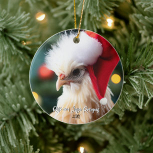 Schattigee Witte Zijdekip in Santa Hat Kerst Keramisch Ornament