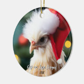 Schattigee Witte Zijdekip in Santa Hat Kerst Keramisch Ornament (Links)