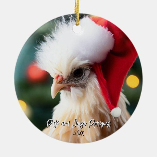 Schattigee Witte Zijdekip in Santa Hat Kerst Keramisch Ornament (Achterkant)