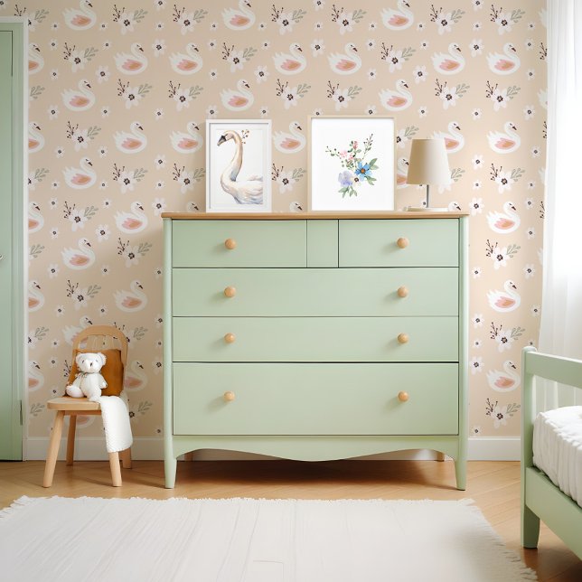 Schattigee witte zwanen bloemenbloesem kraampatroo behang (Cute White Swans Floral Blossom Nursary Pattern Wallpaper)