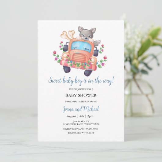 Schattigee Wolf Boy Baby shower Uitnodiging (Staand voorkant)