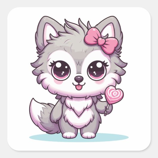 Schattigee Wolf Kawaii met Lollipop Vierkante Sticker (Voorkant)