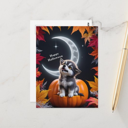 Schattigee Wolf met Crescent Moon Nighttime Autumn Briefkaart (Voorkant / Achterkant in situ)